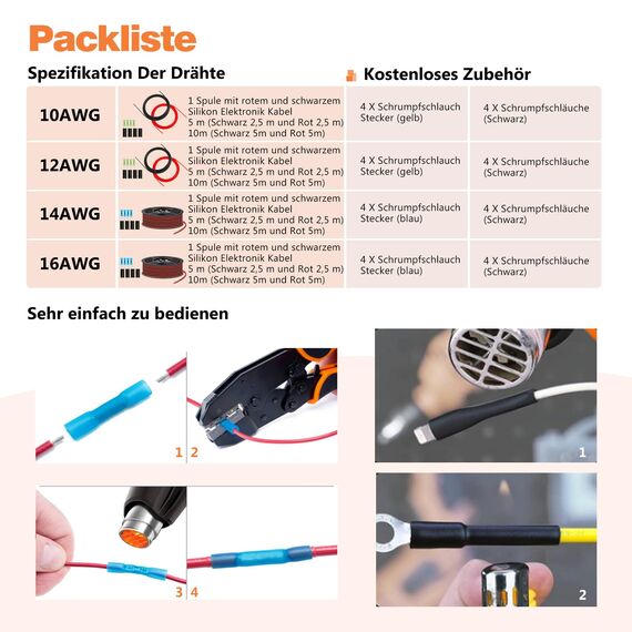 Silikonkabel,Silikon Elektronik Kabel-3,33 mm² 12AWG Super flexibles Elektrokabe 10m (5m Schwarz & 5m Rot) geeignet für Fernsteuerungsmodelle, Lampen, Haushaltsgeräte und mehr