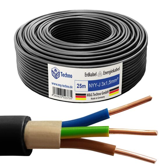M&G Techno 25m NYY-J 3x1,5 mm² Erdkabel Elektro Strom Kabel Kupfer eindrähtig Made in Germany