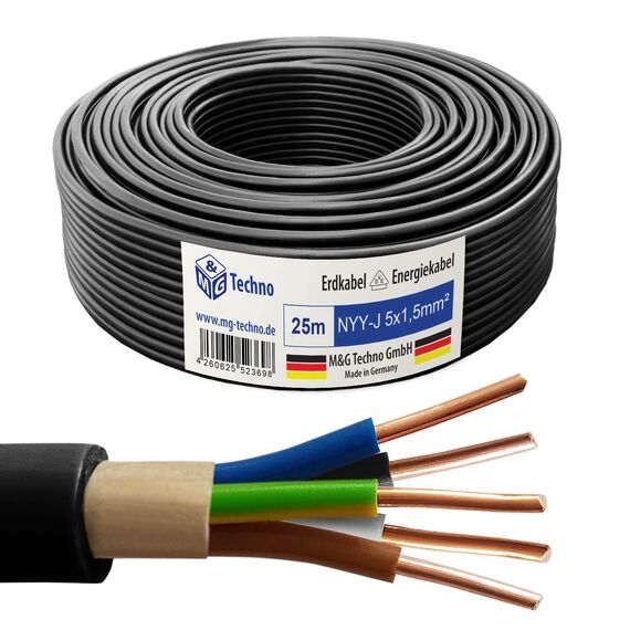 M&G Techno 25m NYY-J 5x1,5 mm² Erdkabel Elektro Strom Kabel Kupfer eindrähtig Made in Germany, 10644, Schwarz