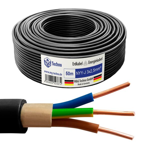 M&G Techno 50m NYY-J 3x2,5 mm² Erdkabel Elektro Strom Kabel Kupfer eindrähtig Made in Germany