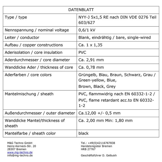 M&G Techno 50m NYY-J 5x1,5 mm² Erdkabel Elektro Strom Kabel Kupfer eindrähtig Made in Germany