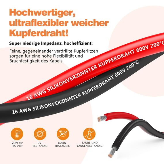 Silikonkabel,Silikon Elektronik Kabel-1,3 mm² 16AWG Super flexibles Elektrokabe 5m (2,5m Schwarz & 2,5m Rot) geeignet für Fernsteuerungsmodelle, Lampen, Haushaltsgeräte und mehr