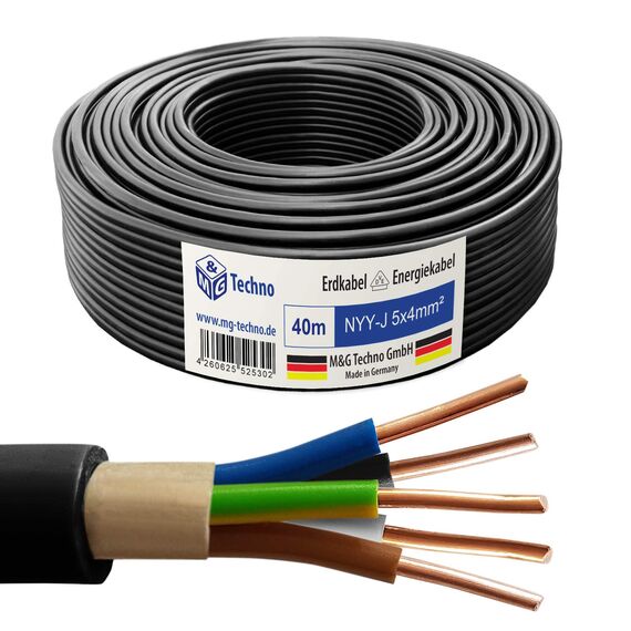 M&G Techno 40m NYY-J 5x4 mm² Erdkabel Elektrokabel Beton und Freien Kupfer Made in Germany, 10962, schwarz