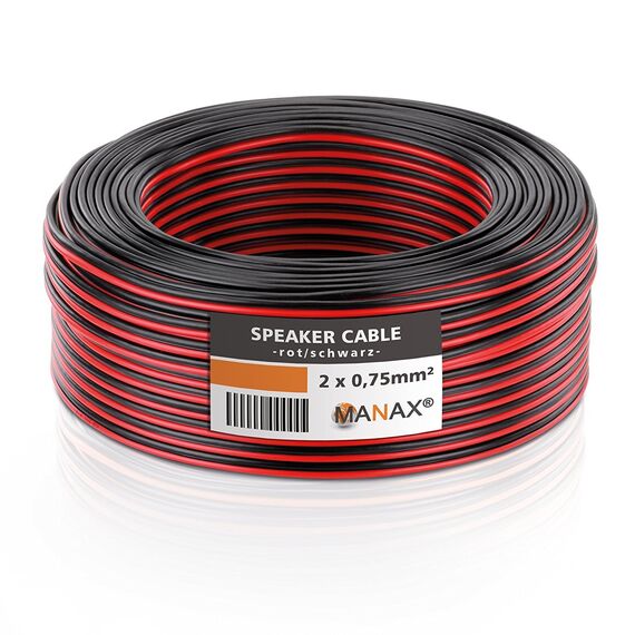 Manax SC2075RB-20 Lautpsrecherkabel 2x0,75 mm² CCA (Boxenkabel/Audiokabel), Ring 20 m, rot/schwarz