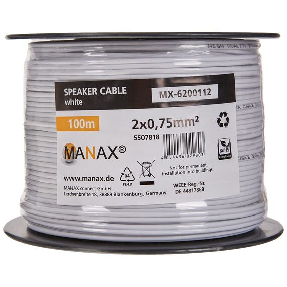MANAX® 100m Zwillingslitze 2x 0,75mm² weiß Kabel 2-adrig (100m 0,75mm² - 1 Spule, weiß)