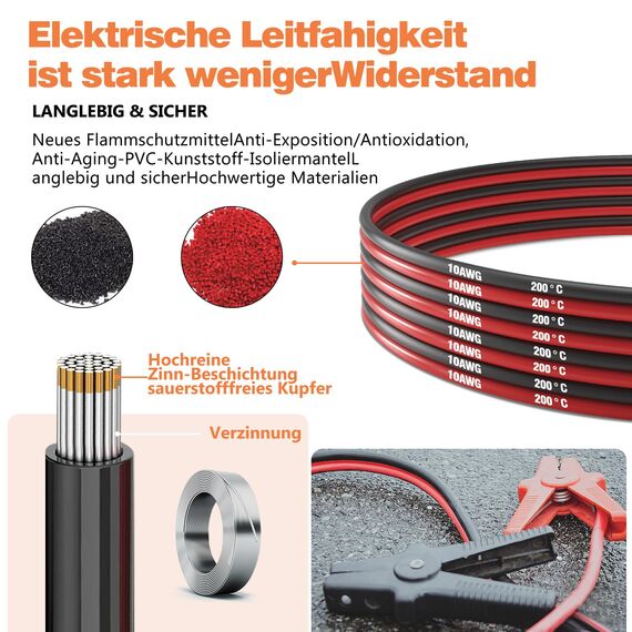 Silikonkabel,Silikon Elektronik Kabel-5,26 mm² 10AWG Super flexibles Elektrokabe 5m (2,5m Schwarz & 2,5m Rot) geeignet für Fernsteuerungsmodelle, Lampen, Haushaltsgeräte und mehr
