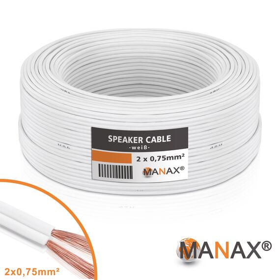 Manax SC2075W-20 Lautpsrecherkabel 2x0,75 mm² CCA (Boxenkabel/Audiokabel), Ring 20 m, weiß