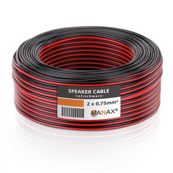 MANAX® 50m Zwillingslitze 2x 0,75mm² rot/schwarz Kabel 2-adrig (50m 0,75mm² - 1 Ring, rot/schwarz)