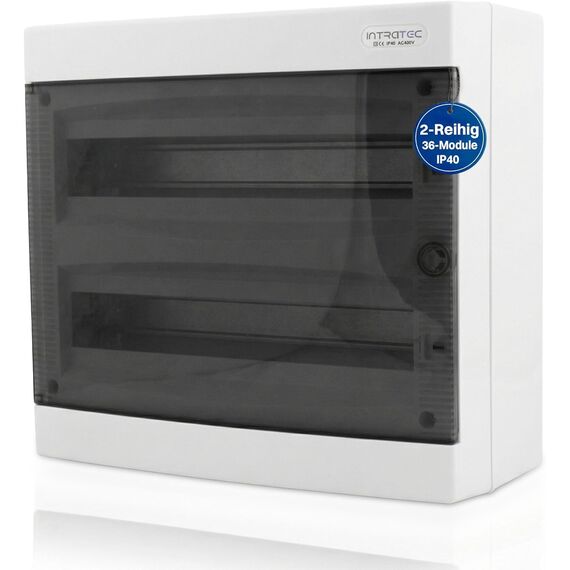 Intratec Sicherungskasten Aufputz 2 reihig – IP40 Verteilerkasten Aufputz Gehäuse für 36 Module mit weißer Tür für einfache Installation Zuhause & Gewerbe – 361 x 396 x 112 mm