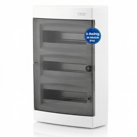 Intratec Sicherungskasten Aufputz 3 reihig – IP40 Verteilerkasten Aufputz Gehäuse für 36 Module mit transparenter Tür für einfache Installation Zuhause & Gewerbe – 485 x 287 x 112 mm
