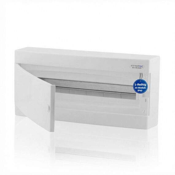 Intratec Sicherungskasten Aufputz 1 reihig – IP40 Verteilerkasten Aufputz Gehäuse für 24 Module mit weißer Tür für einfache Installation Zuhause & Gewerbe – 503 x 236 x 112 mm