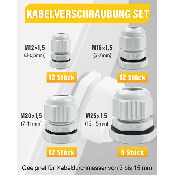 42 Stück Kabelverschraubung Set - Caianwin IP68 Kabeldurchführung Wasserdicht M12 M16 M20 M25 Verschraubung Set für Abzweigkasten,Verteilerkasten, Aufputz-Sicherungskasten,Wandverteiler