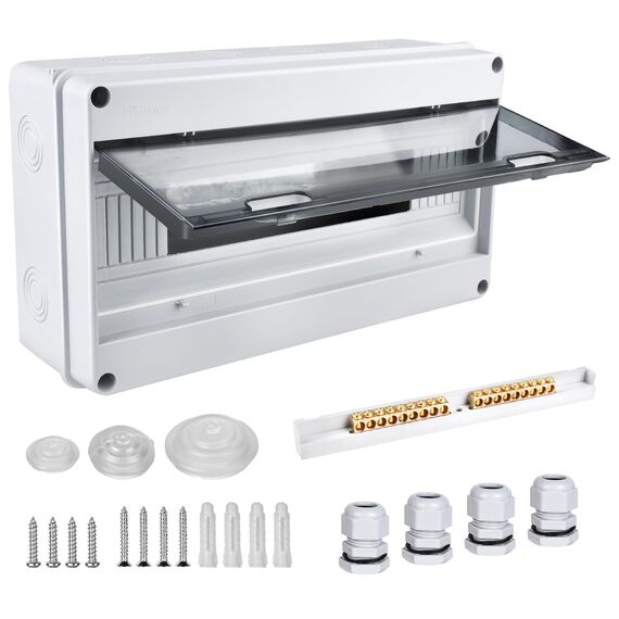 Sicherungskasten Aufputz, Verteilerkasten IP65 mit 1 Reihig 18 Module, Messingklemmen, Verteiler Kleinverteiler Aufputz Unterverteilung für Feuchtraum, Gärten, Außenbereich, Villen, Ladesäulen