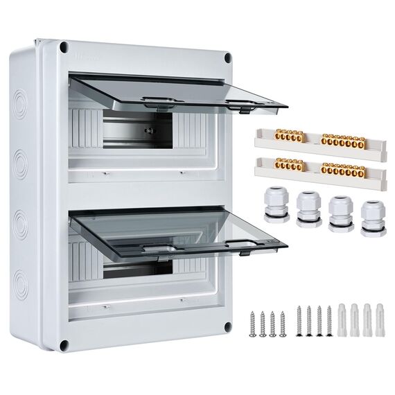 Sicherungskasten Aufputz, Verteilerkasten IP65 mit 2 Reihig 24 Module, Messingklemmen, Verteiler Kleinverteiler Aufputz Unterverteilung für Feuchtraum, Gärten, Außenbereich, Villen, Ladesäulen