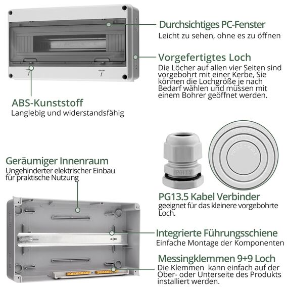 EYPINS Verteilerkasten Aufputz, Schaltschrank IP65 Feuchtraum Kleinverteiler 1-reihig 18 Module Aufputzverteiler mit umlaufender Dichtung für Garten oder Außenbereichen 36,5 x 20,5 x 11cm