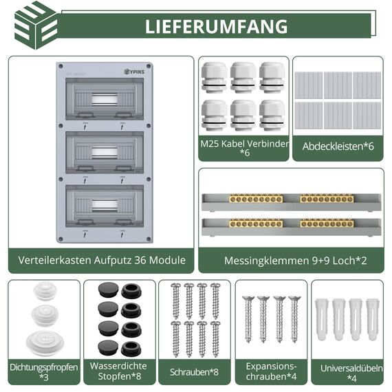 EYPINS Verteilerkasten Aufputz 3-Reihig 36 Module, Sicherungskasten IP65 Feuchtraum Aufputzverteiler, Unterverteilung Aufputz mit umlaufender Dichtung für Garten oder Außenbereichen
