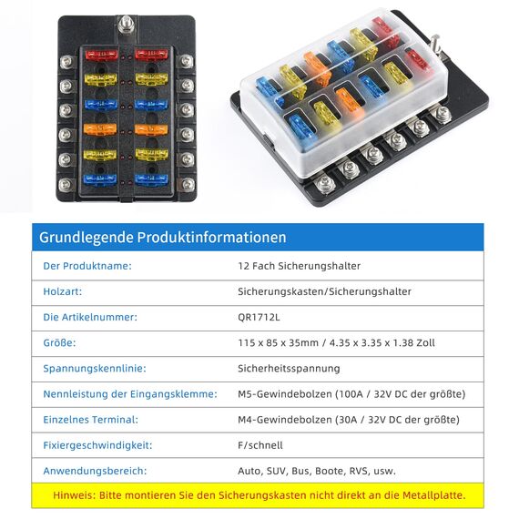 12 Fach KFZ Sicherungskasten 12V, Sicherungshalter Flachsicherung ATC/ATO 24 Sicherungen Wasserdichte Sicherungsblock mit LED-Anzeige Positiver für DC 12V / 24V Auto LKW Boot VAN SUV Marine Fahrzeug