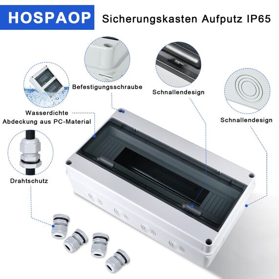 Sicherungskasten Aufputz, Verteilerkasten IP65 mit 1 Reihig 18 Module, Messingklemmen, Verteiler Kleinverteiler Aufputz Unterverteilung für Feuchtraum, Gärten, Außenbereich, Villen, Ladesäulen