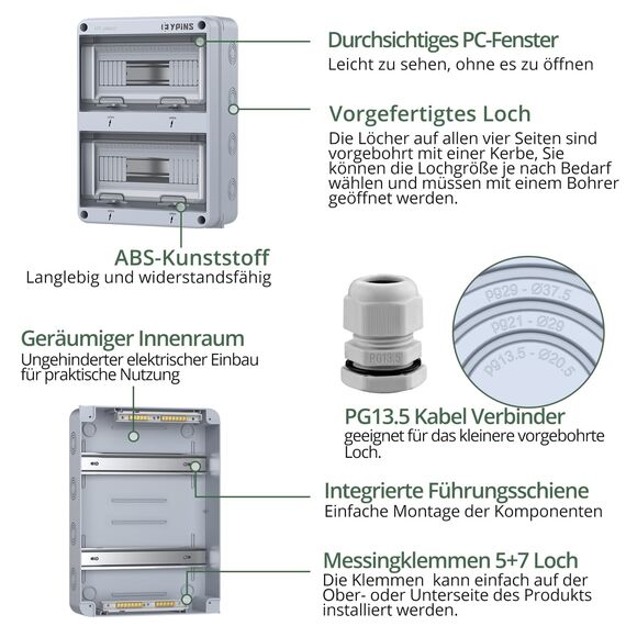 EYPINS Verteilerkasten Aufputz 2-Reihig 24 Module, Sicherungskasten Aufputz IP65 Feuchtraum Aufputzverteiler, Verteilerkasten mit umlaufender Dichtung für Garten oder Außenbereichen