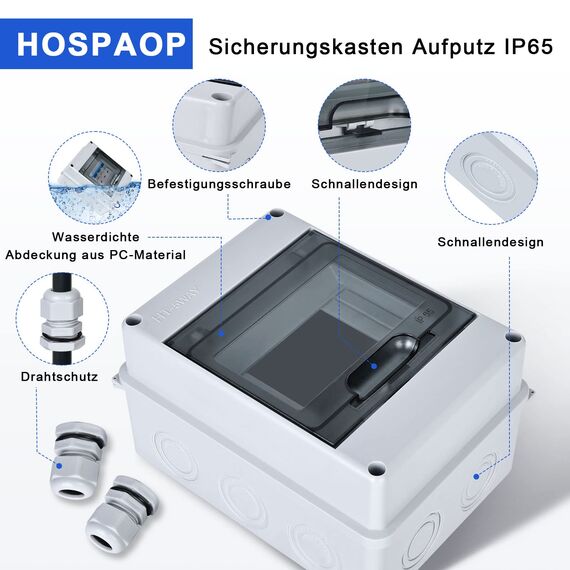 Sicherungskasten Aufputz, Verteilerkasten Aufputz Unterverteilung IP65 mit 1 Reihig 5 Module, Messingklemmen, Verteiler Kleinverteiler Aufputz für Feuchtraum, Gärten, Außenbereich, Villen, Ladesäulen