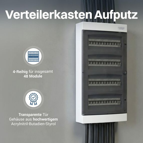 Intratec Sicherungskasten Aufputz 4 reihig – IP40 Verteilerkasten Aufputz Gehäuse für 48 Module mit transparenter Tür für einfache Installation Zuhause & Gewerbe – 653 x 287 x 102 mm