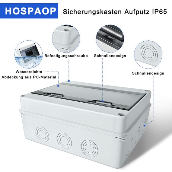 Sicherungskasten Aufputz, Verteilerkasten Aufputz Unterverteilung IP65 mit 1 Reihig 12 Module, Messingklemmen, Verteiler Kleinverteiler Aufputz für Feuchtraum, Gärten, Außenbereich, Villen, Ladesäulen