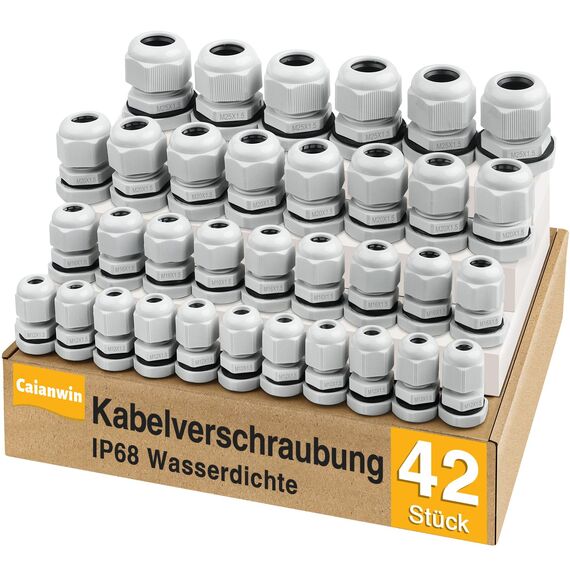 42 Stück Kabelverschraubung Set - Caianwin IP68 Kabeldurchführung Wasserdicht M12 M16 M20 M25 Verschraubung Set für Abzweigkasten,Verteilerkasten, Aufputz-Sicherungskasten,Wandverteiler
