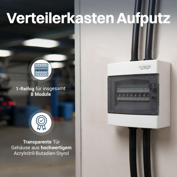 Intratec Sicherungskasten Aufputz 1 reihig – IP40 Verteilerkasten Aufputz Gehäuse für 8 Module mit weißer Tür für einfache Installation Zuhause & Gewerbe – 236 x 215 x 102mm