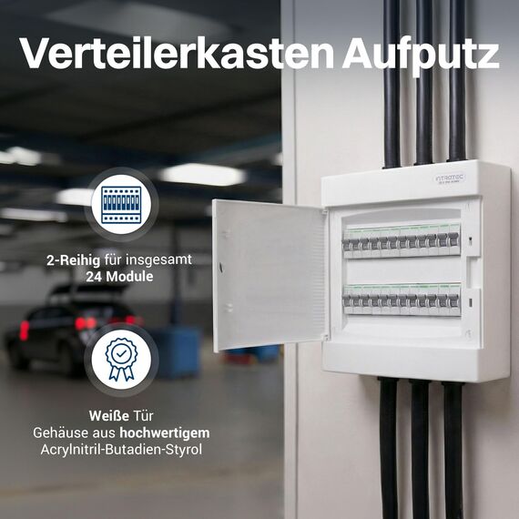 Intratec Sicherungskasten Aufputz 2 reihig – IP40 Verteilerkasten Aufputz Gehäuse für 24 Module mit weißer Tür für einfache Installation Zuhause & Gewerbe – 361 x 287 x 112 mm