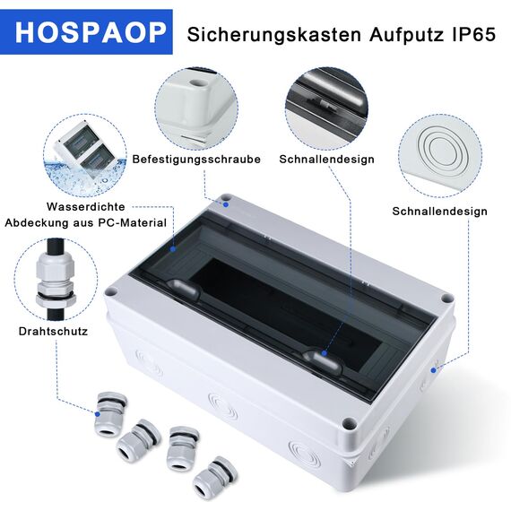 Sicherungskasten Aufputz, Verteilerkasten IP65 mit 1 Reihig 15 Module, Messingklemmen, Verteiler Kleinverteiler Aufputz Unterverteilung für Feuchtraum, Gärten, Außenbereich, Villen, Ladesäulen