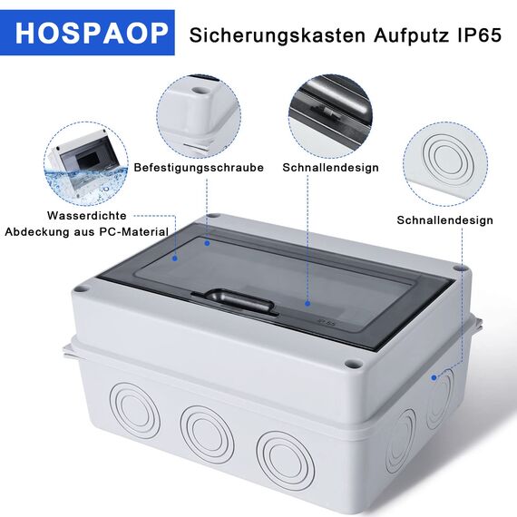 Sicherungskasten Aufputz, Verteilerkasten IP65 mit 1 Reihig 8 Module, Messingklemmen, Verteiler Kleinverteiler Aufputz Unterverteilung für Feuchtraum, Gärten, Außenbereich, Villen, Ladesäulen