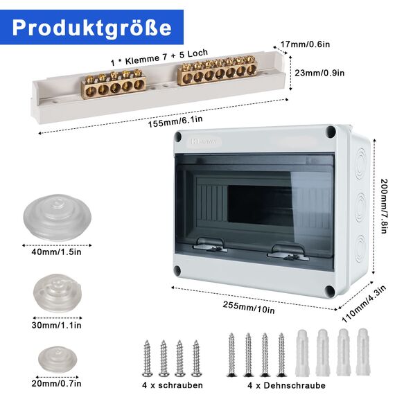 Sicherungskasten Aufputz, Verteilerkasten Aufputz Unterverteilung IP65 mit 1 Reihig 12 Module, Messingklemmen, Verteiler Kleinverteiler Aufputz für Feuchtraum, Gärten, Außenbereich, Villen, Ladesäulen