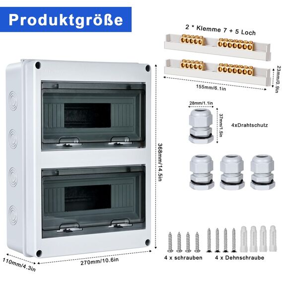 Sicherungskasten Aufputz, Verteilerkasten IP65 mit 2 Reihig 24 Module, Messingklemmen, Verteiler Kleinverteiler Aufputz Unterverteilung für Feuchtraum, Gärten, Außenbereich, Villen, Ladesäulen