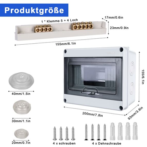Sicherungskasten Aufputz, Verteilerkasten IP65 mit 1 Reihig 8 Module, Messingklemmen, Verteiler Kleinverteiler Aufputz Unterverteilung für Feuchtraum, Gärten, Außenbereich, Villen, Ladesäulen