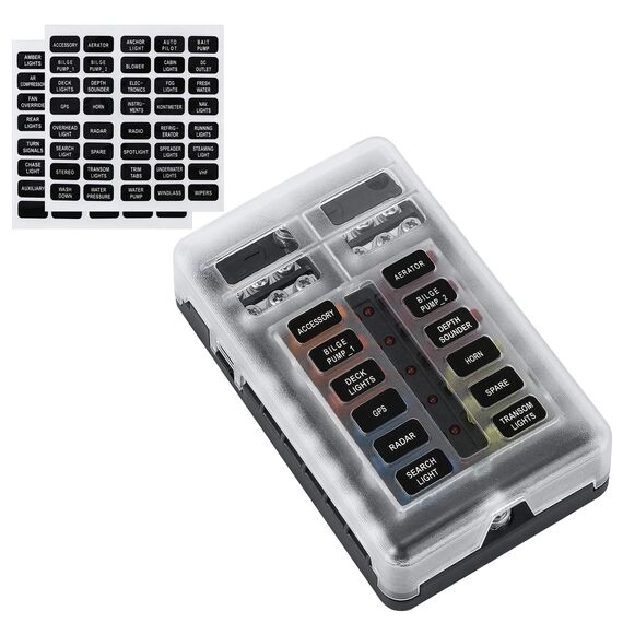 Kohree 12 Fach kfz Sicherungshalter 12 Volt, kfz Sicherungskasten 12V mit LED-Anzeige, 30 Sicherungen, Sicherungsclip, Aufkleber, Schrauben, 12V Fuse Block für Auto, Boot, Boot, Wohnmobil