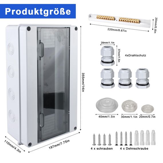 Sicherungskasten Aufputz, Verteilerkasten IP65 mit 1 Reihig 18 Module, Messingklemmen, Verteiler Kleinverteiler Aufputz Unterverteilung für Feuchtraum, Gärten, Außenbereich, Villen, Ladesäulen