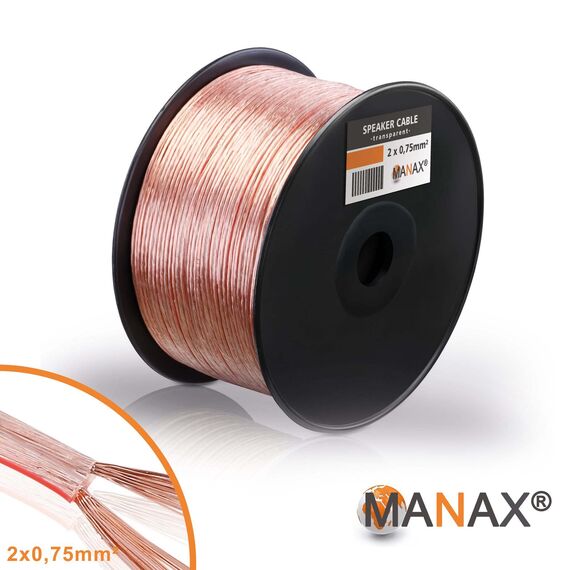 MANAX® 100m Zwillingslitze 2x 0,75mm² transparent Kabel 2-adrig (100m 0,75mm² - 1 Spule, transparent)