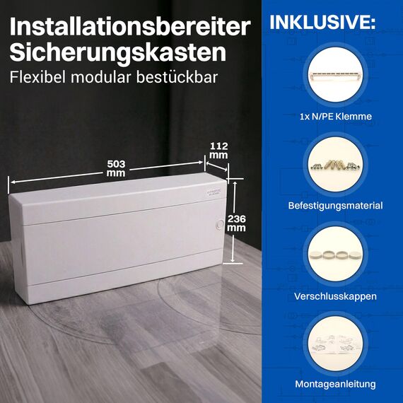 Intratec Sicherungskasten Aufputz 1 reihig – IP40 Verteilerkasten Aufputz Gehäuse für 24 Module mit weißer Tür für einfache Installation Zuhause & Gewerbe – 503 x 236 x 112 mm
