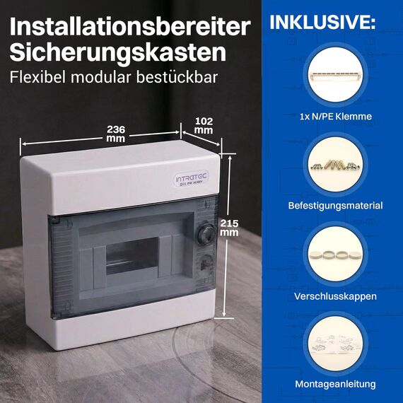 Intratec Sicherungskasten Aufputz 1 reihig – IP40 Verteilerkasten Aufputz Gehäuse für 8 Module mit weißer Tür für einfache Installation Zuhause & Gewerbe – 236 x 215 x 102mm