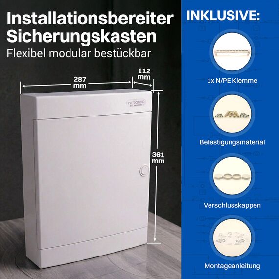 Intratec Sicherungskasten Aufputz 2 reihig – IP40 Verteilerkasten Aufputz Gehäuse für 24 Module mit weißer Tür für einfache Installation Zuhause & Gewerbe – 361 x 287 x 112 mm
