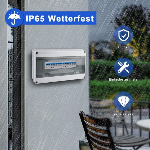 Sicherungskasten Aufputz, Verteilerkasten IP65 mit 1 Reihig 18 Module, Messingklemmen, Verteiler Kleinverteiler Aufputz Unterverteilung für Feuchtraum, Gärten, Außenbereich, Villen, Ladesäulen