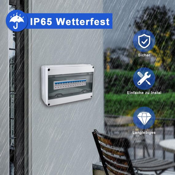 Sicherungskasten Aufputz, Verteilerkasten IP65 mit 1 Reihig 15 Module, Messingklemmen, Verteiler Kleinverteiler Aufputz Unterverteilung für Feuchtraum, Gärten, Außenbereich, Villen, Ladesäulen