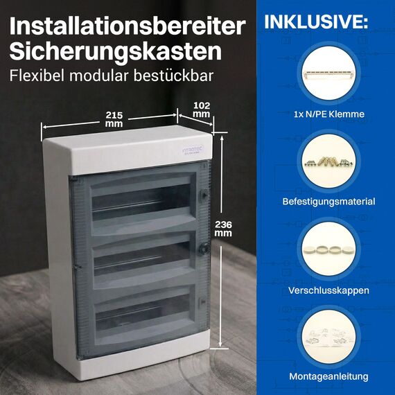 Intratec Sicherungskasten Aufputz 3 reihig – IP40 Verteilerkasten Aufputz Gehäuse für 36 Module mit transparenter Tür für einfache Installation Zuhause & Gewerbe – 485 x 287 x 112 mm