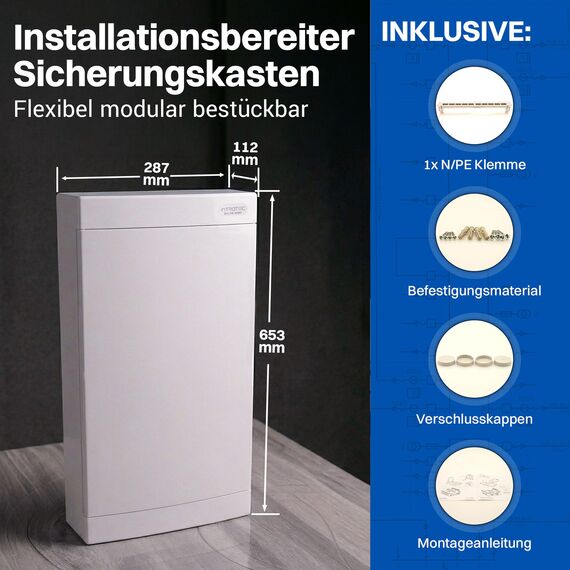 Intratec Sicherungskasten Aufputz 4 reihig – IP40 Verteilerkasten Aufputz Gehäuse für 48 Module mit weißer Tür für einfache Installation Zuhause & Gewerbe – 653 x 287 x 102 mm