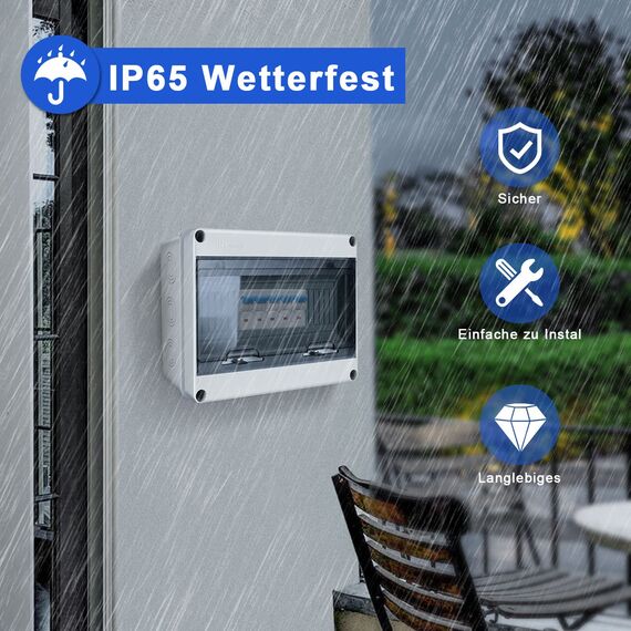 Sicherungskasten Aufputz, Verteilerkasten Aufputz Unterverteilung IP65 mit 1 Reihig 12 Module, Messingklemmen, Verteiler Kleinverteiler Aufputz für Feuchtraum, Gärten, Außenbereich, Villen, Ladesäulen