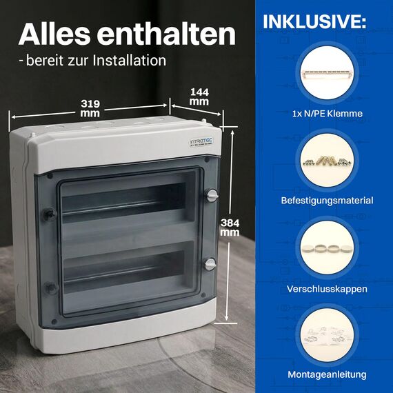 Intratec Verteilerkasten Aufputz 2 reihig – IP65 Sicherungskasten für 24 Module – Feuchtraum Verteiler für Garten, Keller, Garage & Außenbereich – 400VAC 1500VDC Kleinverteiler, 318 x 384 x 144 mm