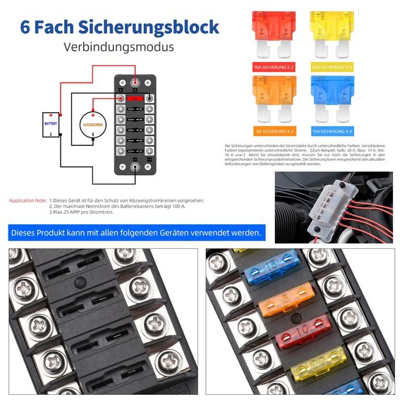 6 Fach Sicherungshalter, 12 Volt Sicherungsblock ATC/ATO KFZ Sicherungskasten 12 Sicherungen Flachsicherungen ohne LED-Anzeige Positiver Negativer für DC 12V/24V Auto LKW Boot VAN SUV Marine Fahrzeug