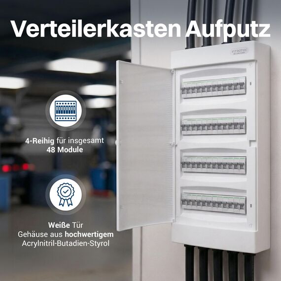 Intratec Sicherungskasten Aufputz 4 reihig – IP40 Verteilerkasten Aufputz Gehäuse für 48 Module mit weißer Tür für einfache Installation Zuhause & Gewerbe – 653 x 287 x 102 mm