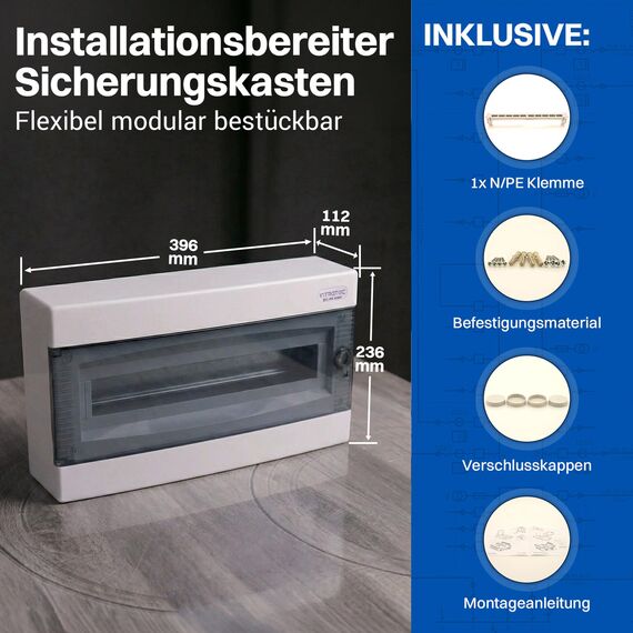 Intratec Sicherungskasten Aufputz 1 reihig – IP40 Verteilerkasten Aufputz Gehäuse für 18 Module mit transparenter Tür für einfache Installation Zuhause & Gewerbe – 236 x 396 x 112 mm