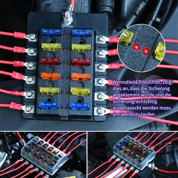 12 Fach KFZ Sicherungskasten 12V, Sicherungshalter Flachsicherung ATC/ATO 24 Sicherungen Wasserdichte Sicherungsblock mit LED-Anzeige Positiver für DC 12V / 24V Auto LKW Boot VAN SUV Marine Fahrzeug